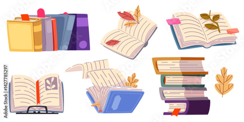 Cartoon book pile set - flat vector illustrations of open hardcover books, tall book stacks, spread out pages with bookmarks and autumn leaves. Library reading education graphic design elements.