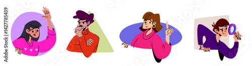 Peeking character illustrations set - colorful geometric shapes with expressive people poking out, waving hands. Energetic flat vector persons with happy faces, curious and thoughtful emotions.