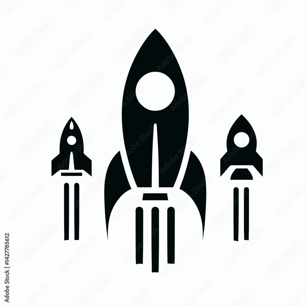 very simple flat and single minimalist Rocket Silhouettes in black on a white background very simple flat and single minimalist Rocket Silhouettes in black on a white background