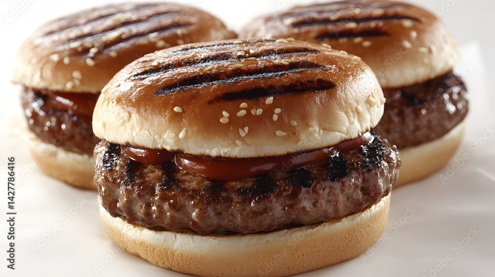 Three delicious grilled beef burgers with sesame seed buns and ketchup are ready to eat for a satisfying meal. Three delicious grilled beef burgers with sesame seed buns and ketchup are ready to eat for a satisfying meal.