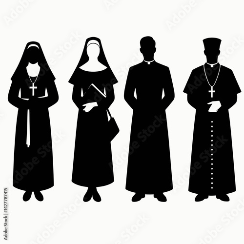 very simple flat and single minimalist Nun  Priest Silhouettes in black on a white background