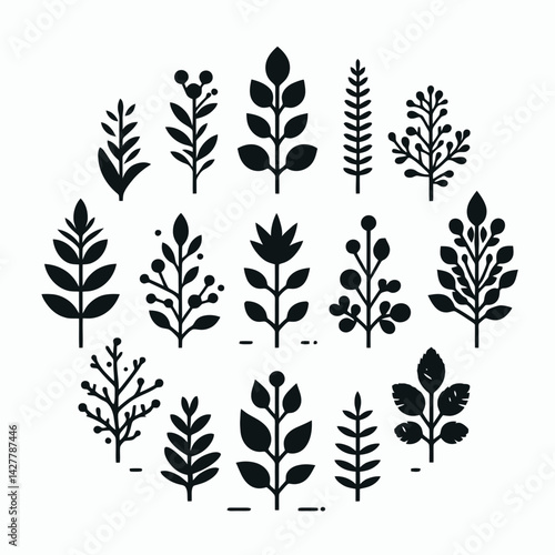 very simple flat and single minimalist Growing Plant Silhouettes in black on a white background