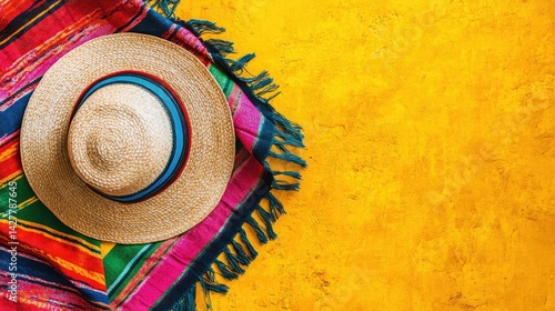 Celebrate Cinco de Mayo with a festive top view of a traditional striped serape placed on a yellow surface, ideal for themed promotions and vibrant cultural celebrations.