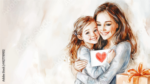 Vector illustration, Happy Mother's Day, mother hugging her daughter. 