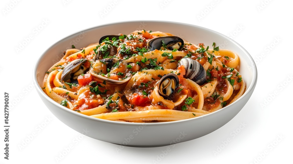 A delicious bowl of linguine pasta with a vibrant seafood marinara sauce is ready to be enjoyed. A delicious bowl of linguine pasta with a vibrant seafood marinara sauce is ready to be enjoyed.