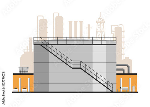 Oil storage tank with refinery illustration. oil and gas industry, energy production, and petrochemical infrastructure