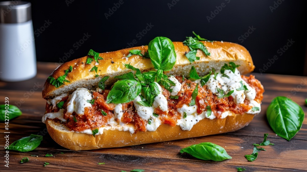 Delicious Sandwich with Meat and Cheese on Rustic Wooden Table Setting Delicious Sandwich with Meat and Cheese on Rustic Wooden Table Setting
