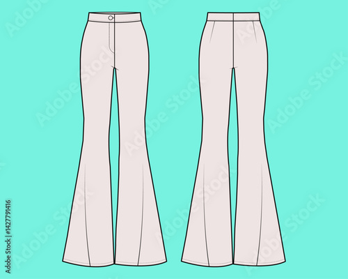 Women 90s wide leg pant fashion flat sketch outline CAD mockup.