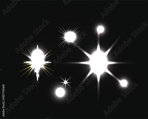 Collection of bright energy bursts and firefly effects on a dark background
