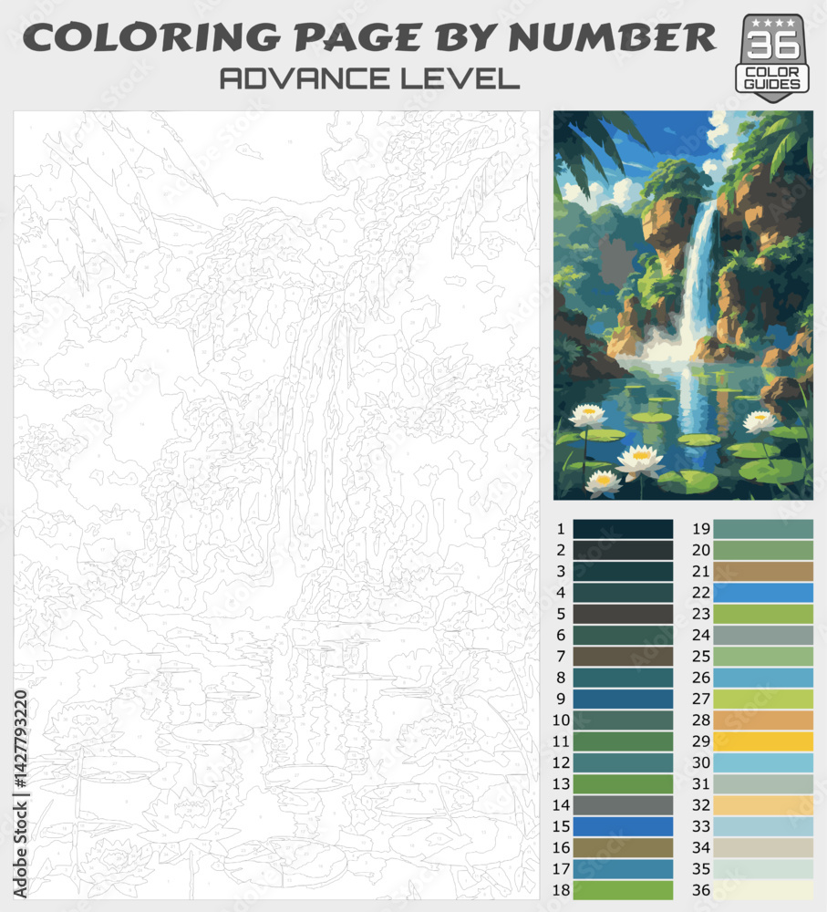 Fototapeta premium Coloring Page by Numbers – Tropical Waterfall and Lotus Pond (Advanced Level)