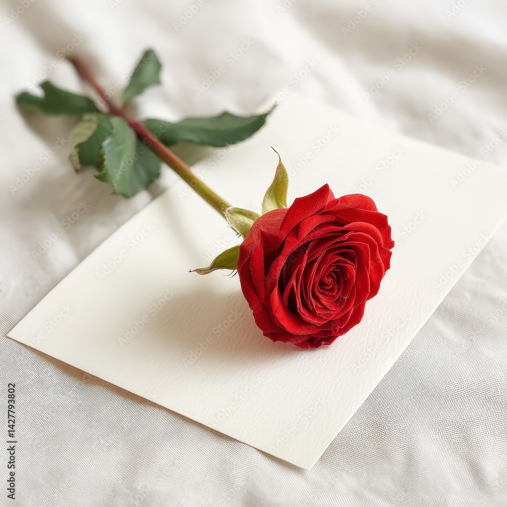 Fototapeta premium Striking red rose gracefully positioned on a crisp white sheet evoking romantic feelings and natural beauty