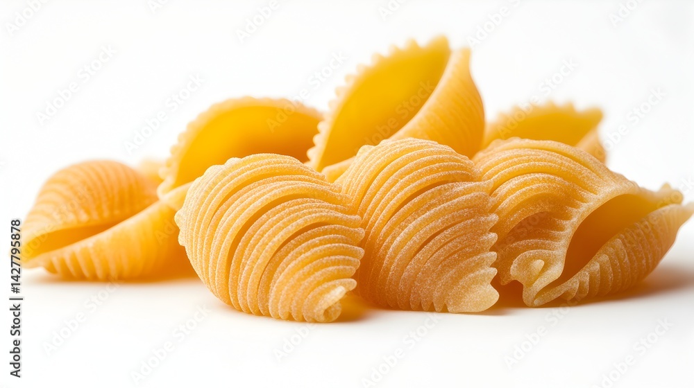 A close-up shot of delicious, uncooked pasta s shows intricate details and texture against a bright white background. A close-up shot of delicious, uncooked pasta s shows intricate details and texture against a bright white background.