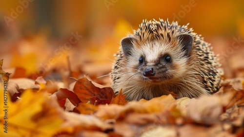 Charming European hedgehog curled into a tight ball among fallen autumn leaves tiny nose twitching ultra HD wildlife portrait