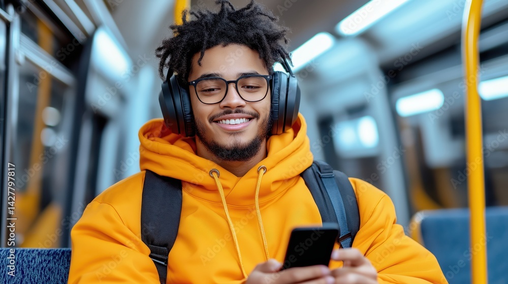 Young student enjoys relaxed urban commute while texting on phone during bus ride in city