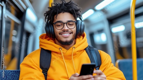 Obraz na płótnie Young student enjoys relaxed urban commute while texting on phone during bus ride in city w salonie