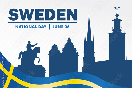 Sweden happy national day greeting card, banner vector illustration. Swedish holiday 6th of June design element with Landmarks like Riddarholmen Church, equestrian statue, and Stockholm City Hall.