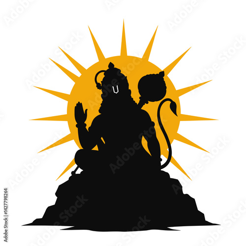 A powerful silhouette atop a peak, with a golden sun aura, exuding strength and wisdom
