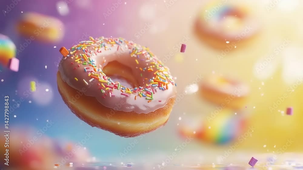 Colorful donuts with sprinkles floating in a dreamy background of pastel hues and sparkles Colorful donuts with sprinkles floating in a dreamy background of pastel hues and sparkles