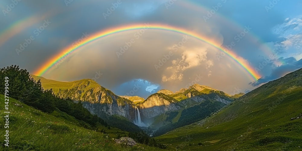 Obraz premium A double rainbow arching over a powerful turquoise waterfall in a mountainous valley.