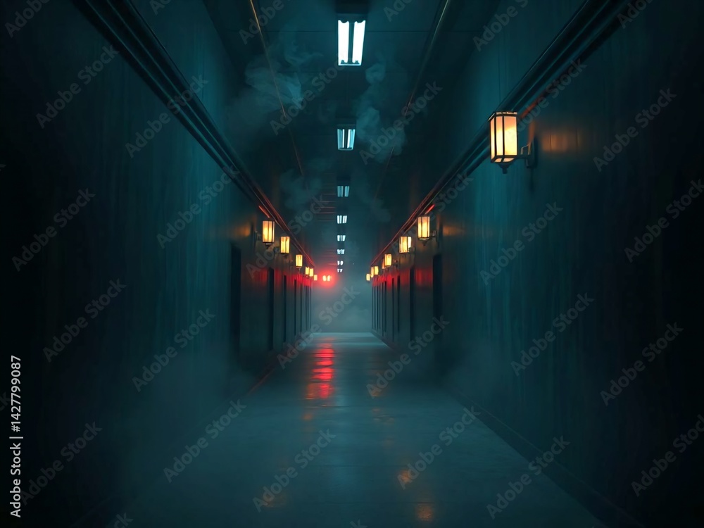 Naklejka premium corridor, hallway, hotel, interior, hall, architecture, light, building, long, floor, empty, door, tunnel, room, hospital, doors, office, dark, carpet, entrance, perspective, nobody, inside, design, i