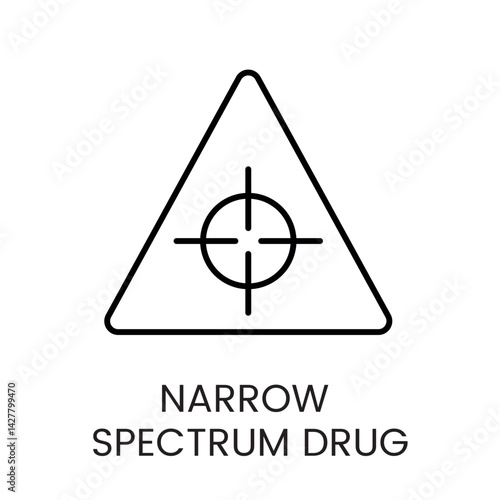 A triangular icon with a target and crosshair, representing specialized narrow spectrum drugs, in vector style, with an editable stroke
