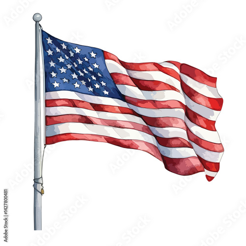 A American flag waving cute watercolors illustration on white background