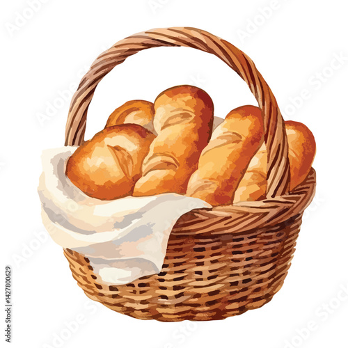 A basket of bread rolls cute watercolors illustration on white background