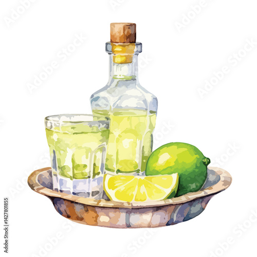 A bottle of tequila with shot glasses cute watercolors illustration on white background