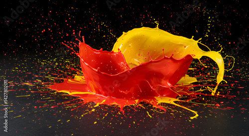 Vibrant Collision Red And Yellow Paint Splash Against Dark Backdrop