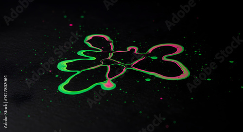 Fluorescent Splatter Art Featuring Abstract Butterfly Form On Dark Surface