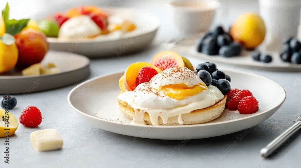 Deliciously Arranged Fresh Fruit Plate with Aromatic Coffee Cup Nearby Deliciously Arranged Fresh Fruit Plate with Aromatic Coffee Cup Nearby