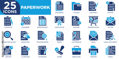 paperwork, document, paper, contract, business, job, icon set. Outline icons collection. Simple vector illustration