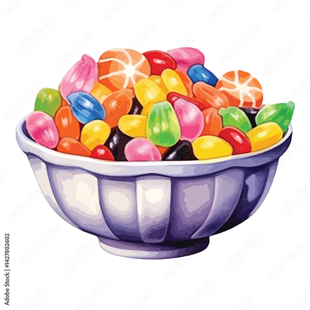 A bowl of candy for Halloween night cute watercolors illustration on white background A bowl of candy for Halloween night cute watercolors illustration on white background