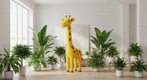 明るい室内、黄色いキリンぬいぐるみと緑豊かな植物 photo