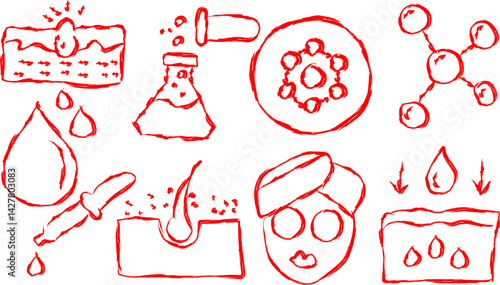The set of skin care related doodle icons includes hair damage, dandruff, pipette, face mask, moisturizer, liquid, molecule, antioxidant, compound, acne,