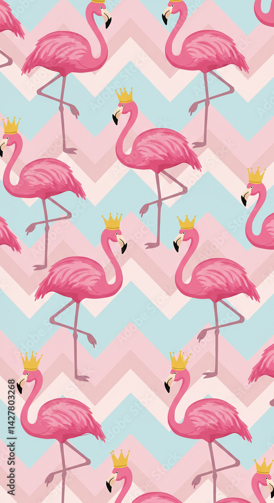 Obraz premium Flamingo Pattern with Crown Design on Zigzag Background