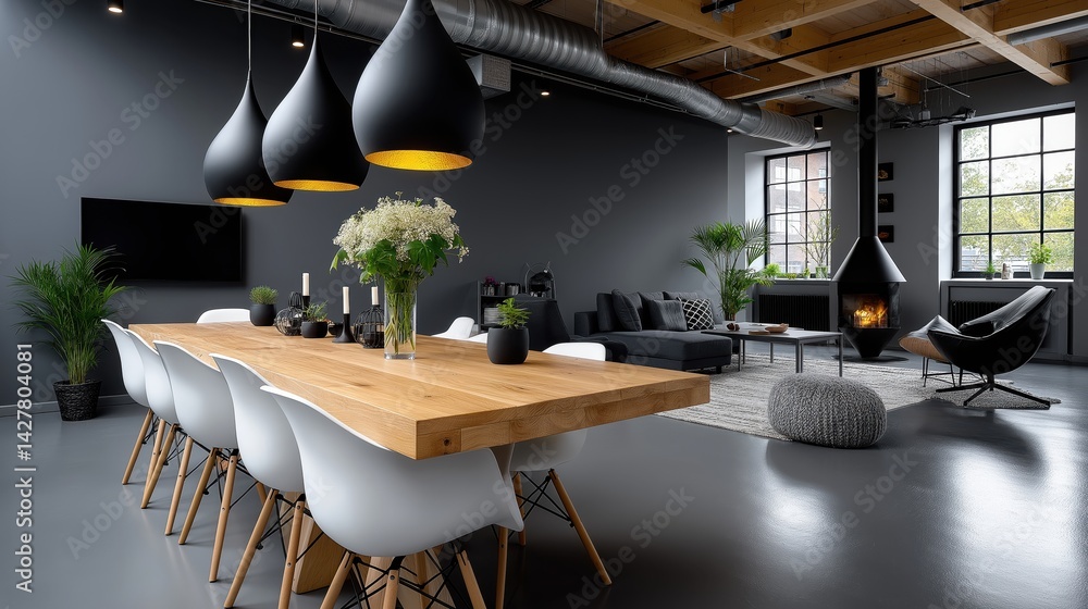 Modern coworking space featuring a large dining table and cozy lounge area with natural lighting and contemporary decor