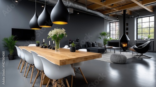 Obraz na płótnie Modern coworking space featuring a large dining table and cozy lounge area with natural lighting and contemporary decor w salonie