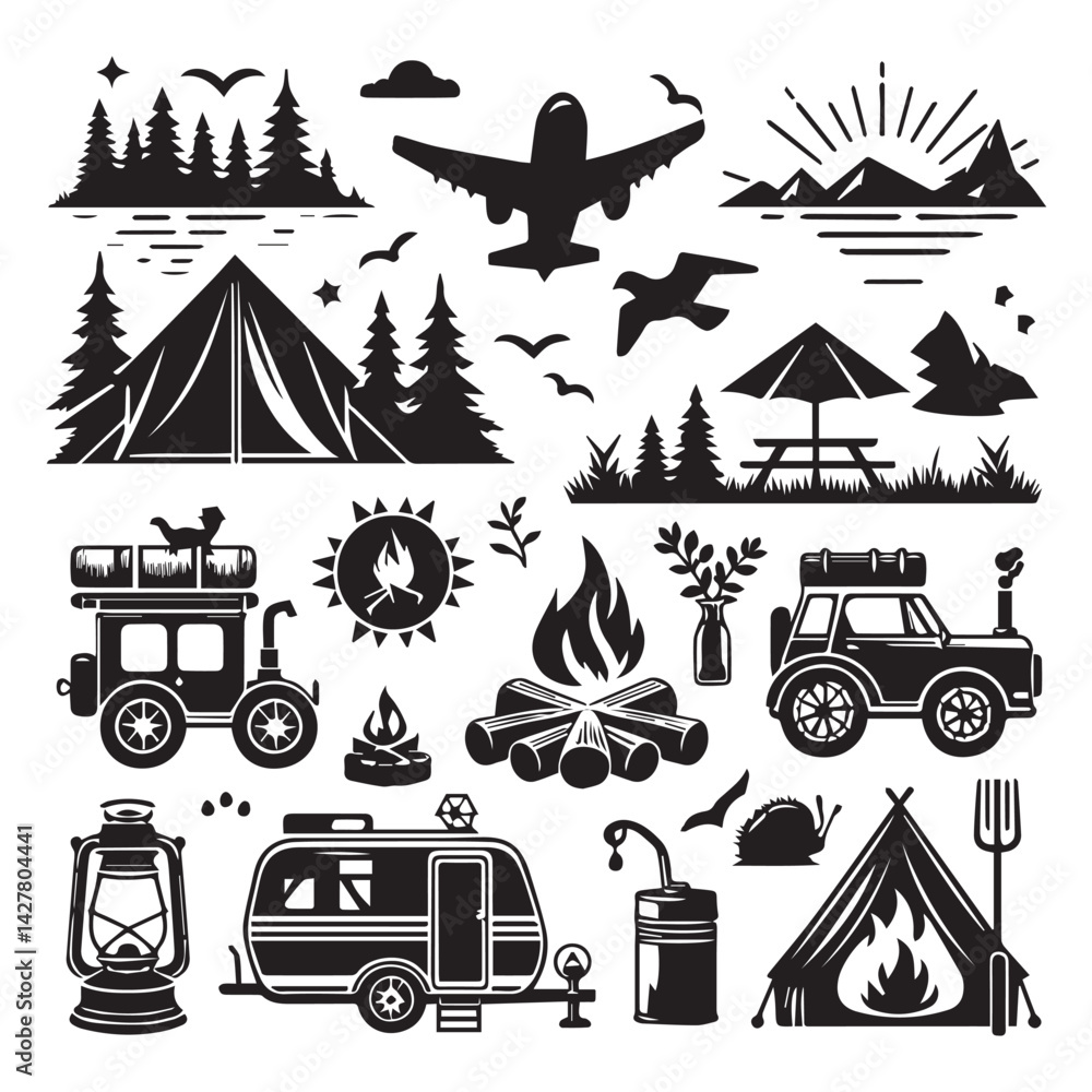 Naklejka premium create camping elements Silhouette with white background