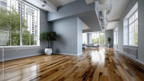Obraz na płótnie Modern office interior showcasing a spacious area with a blank wall for design displays and natural light streaming in from large windows w salonie