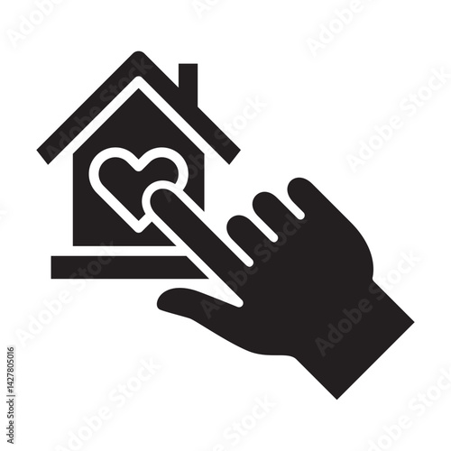 Hand click giving house icon. Symbol of fundraising, compassion, philanthropy, giving, care, humanity. Vector illustration.