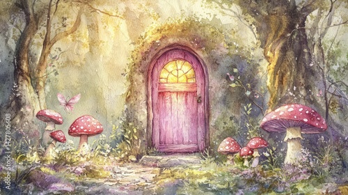 an image of the entrance to a forest with mushrooms and a door leading to a, magic doorway, magical portal gateway