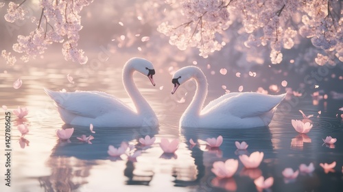 Fototapeta Naklejka Na Ścianę i Meble -  Pastel swans affectionate scene