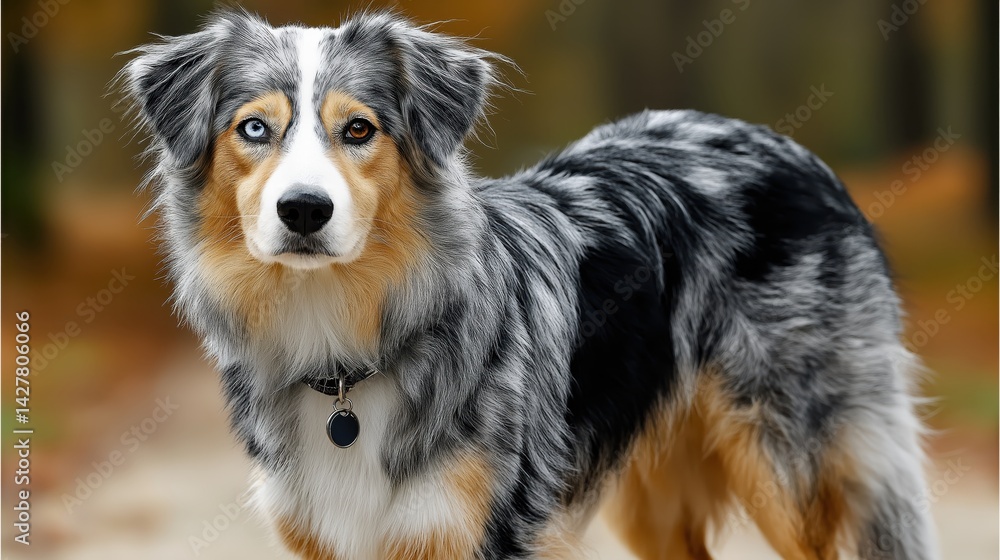 Australian Shepherd displaying confidence and charm in a serene woodland setting during autumn