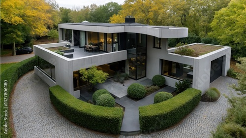 Modern house surrounded by trimmed hedges in a serene neighborhood showcasing contemporary architecture