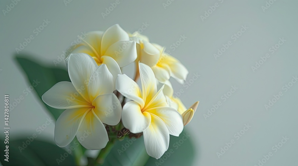 Fototapeta premium Frangipani flower on white background with beautiful ,plumeria rubra flower on gray background ,white and yellow frangipani flowers with leaves in background