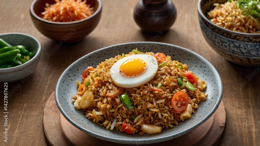 Close up of Nasi Goreng fried rice with sunny side egg sambal and crispy krupuk garnish Close up of Nasi Goreng fried rice with sunny side egg sambal and crispy krupuk garnish