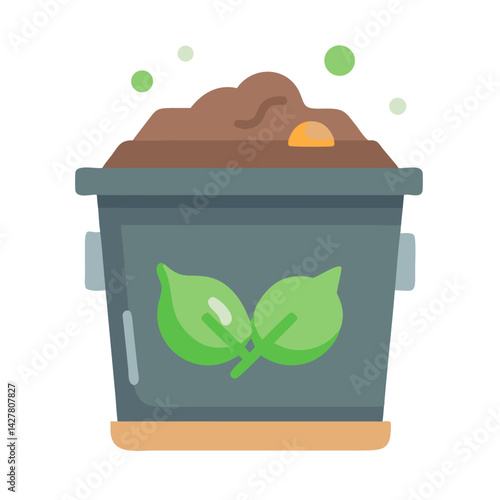 Compost bin with leaf symbol and dirt in flat colorful style