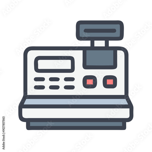 Retro cash register icon with red buttons in flat style