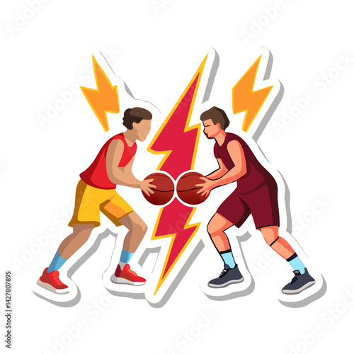 Basketball players dribbling with lightning bolt in comic flat style